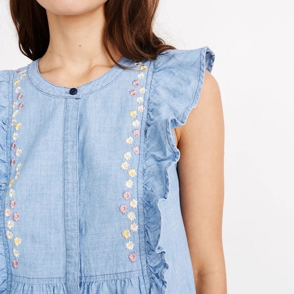 Floral Embroidered Denim Ruffle Top| Size  XXS - Picture 2 of 7